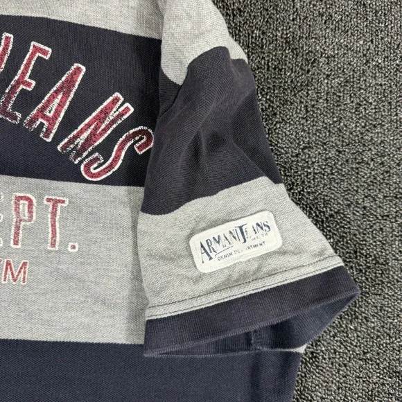 Armani Jeans Mens XL Polo Shirt Navy Blue Grey Striped Big Spellout Graphic Y2K - Picture 8 of 9